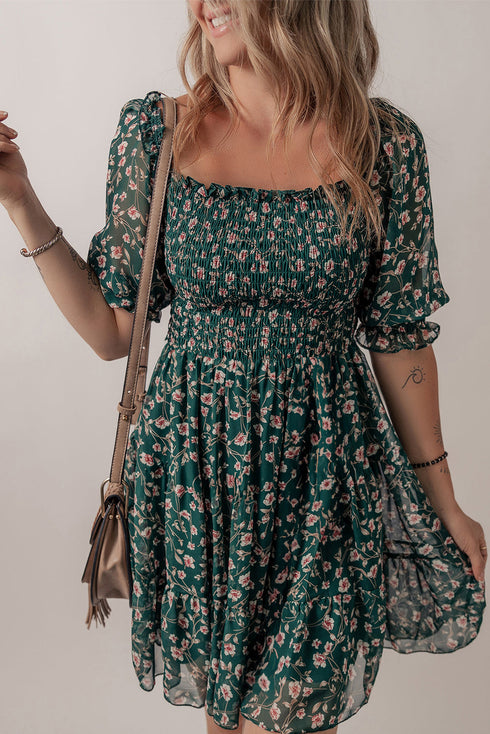 Floral Smocked Puff Sleeve A Line Mini Dress with Square Neck